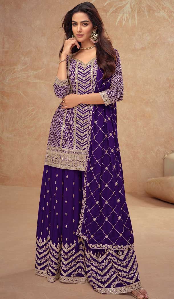 Chinon Sequins Work Party Wear Palazzo Salwar Suit In Purple - 11962204222 Chinon Sequins Work Party Wear Palazzo Salwar Suit In Purple - 11962204222