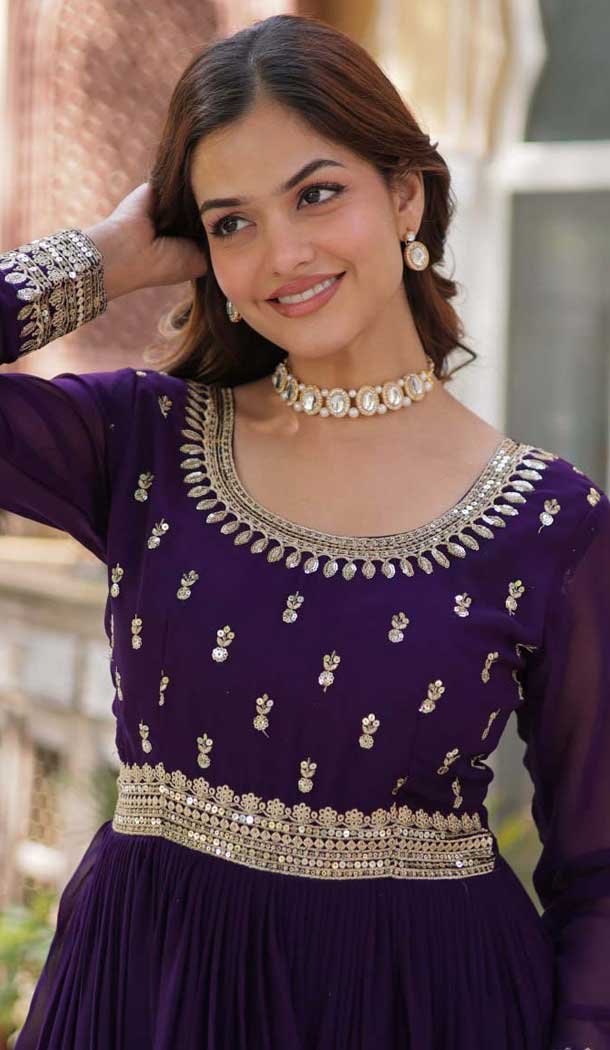 Faux Blooming Sequins Work Gown With Dupatta In Purple - 12001204532