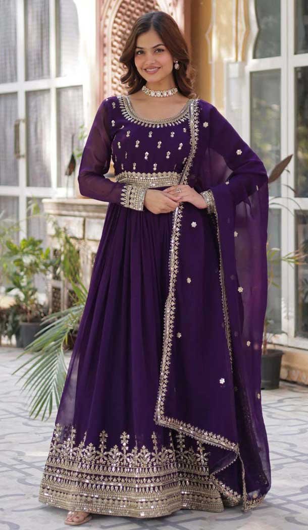 Faux Blooming Sequins Work Gown With Dupatta In Purple - 12001204532