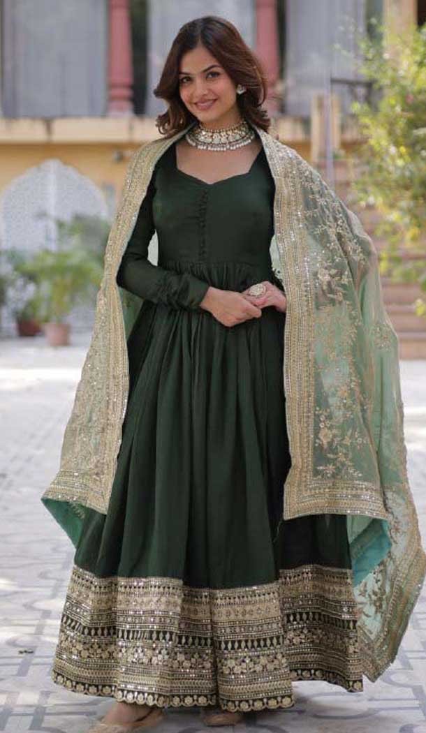 Green Vichitra Shimmer Sequence Work Party Wear Gown - 12002204533