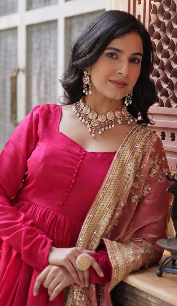 Rani Pink Vichitra Shimmer Sequence Work Party Wear Gown - 12002204534