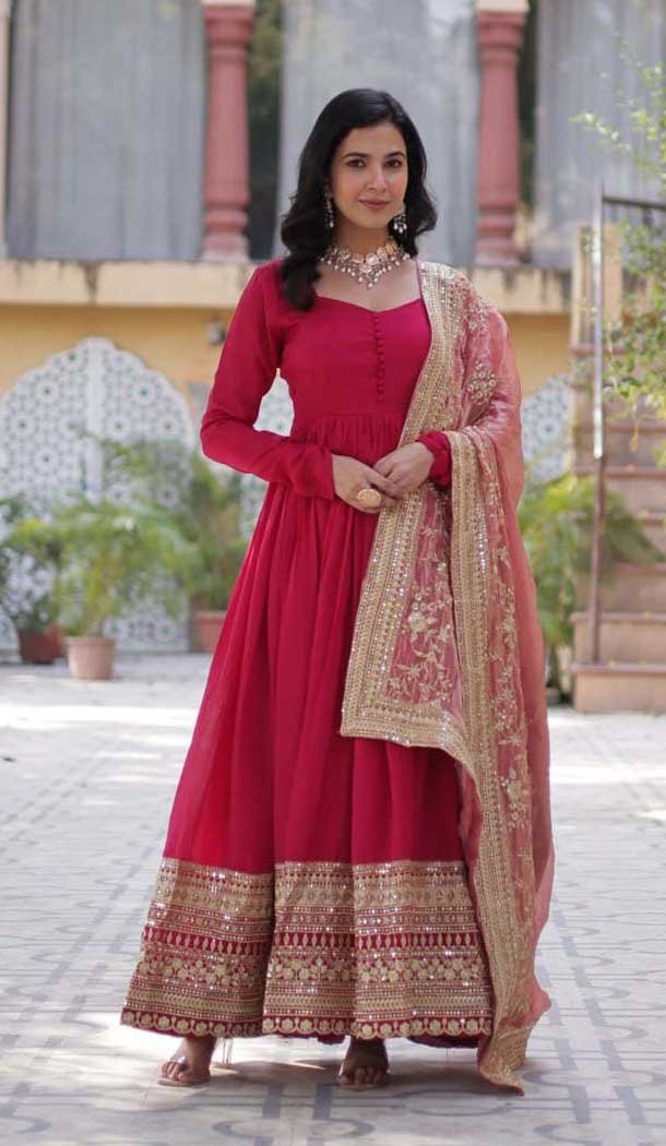 Rani Pink Vichitra Shimmer Sequence Work Party Wear Gown - 12002204534