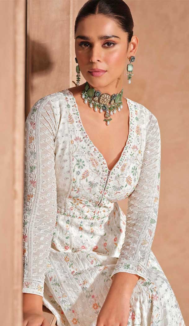 Chinon Sequence Work Designer Anarkali Suit In White - 12000204527