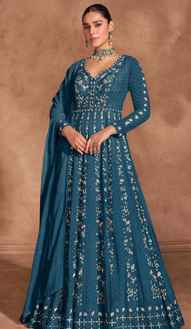 Chinon Sequence Work Designer Anarkali Suit In Teal Blue - 12000204528