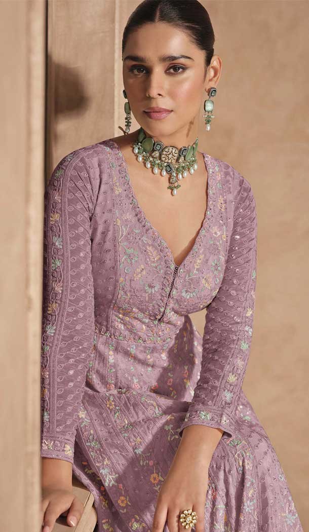 Chinon Sequence Work Designer Anarkali Suit In Lavender - 12000204530