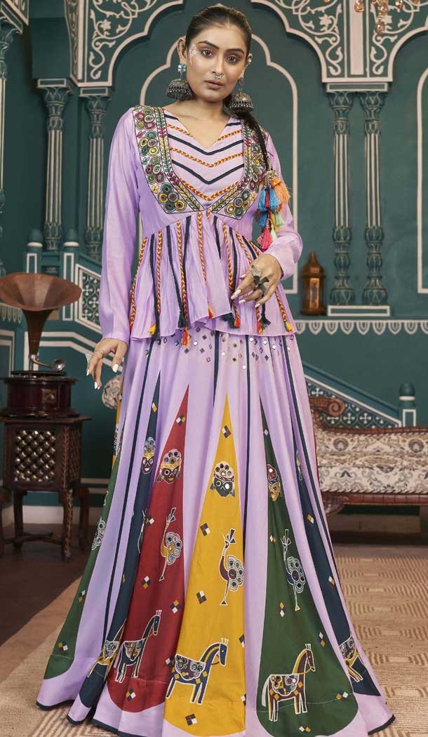 Lavender Maska Silk Embroidery Work Navratri Chaniya Choli - 147321499