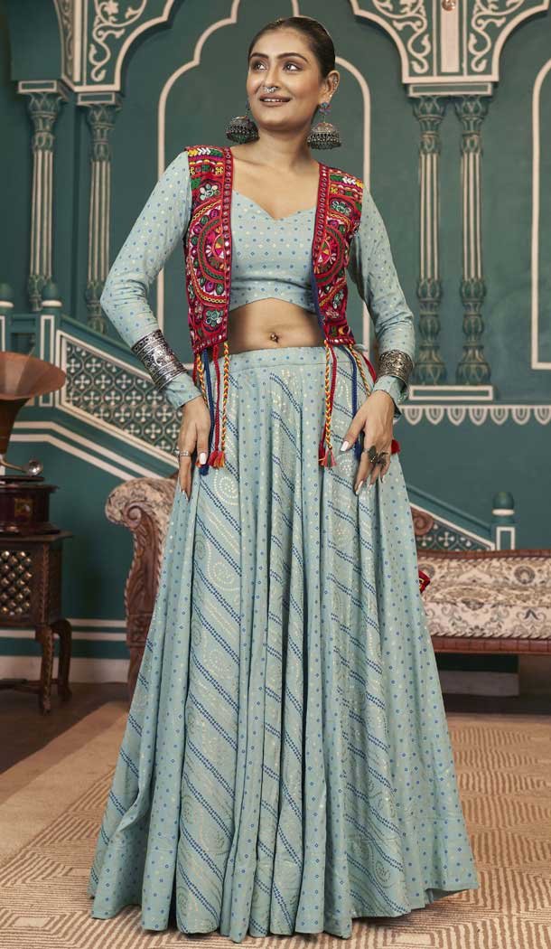 Pista Green Color Viscose Rayon Embroidery Work Navratri Chaniya Choli - 147321501