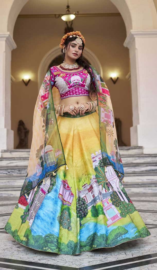 Art Silk Printed Designer Lehenga Choli In Yellow - 153835862