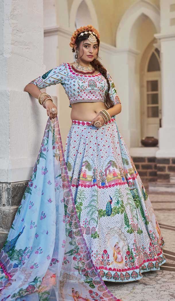 Art Silk Printed Designer Lehenga Choli In Sea Green - 153835863