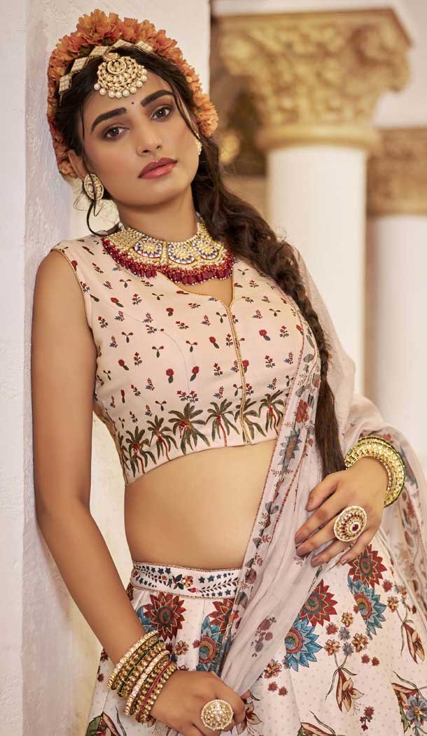 Off White Art Silk Printed Designer Lehenga Choli - 153835865