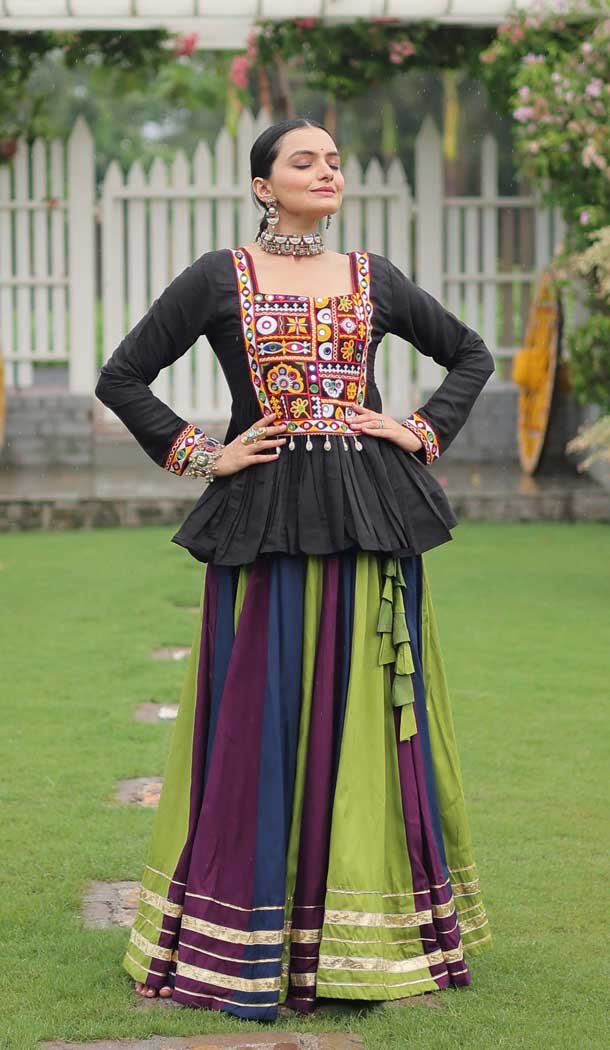 Multi Color Navratri Rayon Gamthi Work Lehenga Choli - 158418792