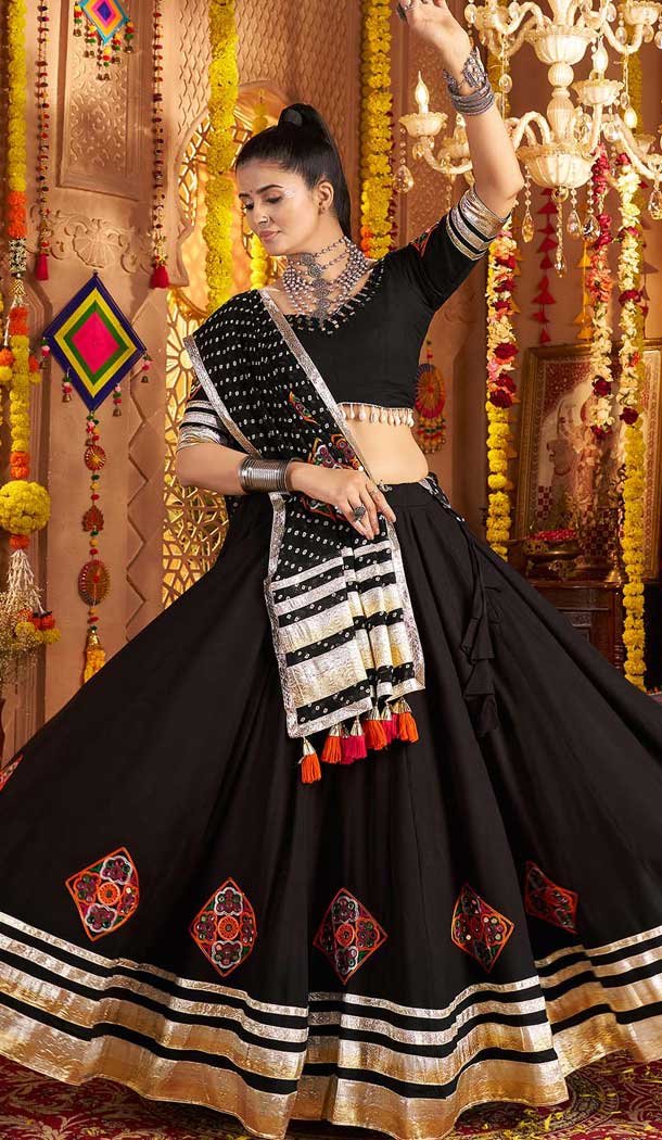Black Viscose Rayon Embroidery Navratri Chaniya Choli - 158618905