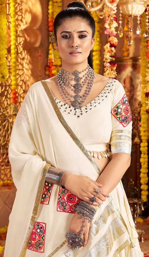 Viscose Rayon Embroidery Navratri Chaniya Choli In Off White - 158618906