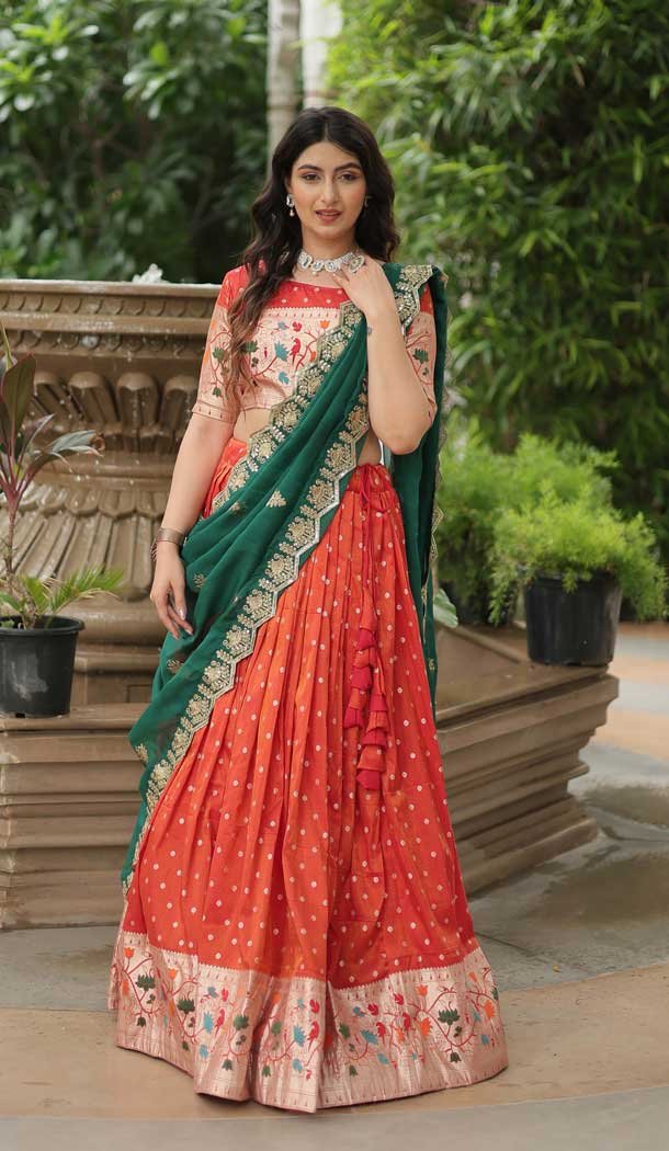 Jacquard Embroidery Work Party Wear Lehenga Choli In Orange - 149052675