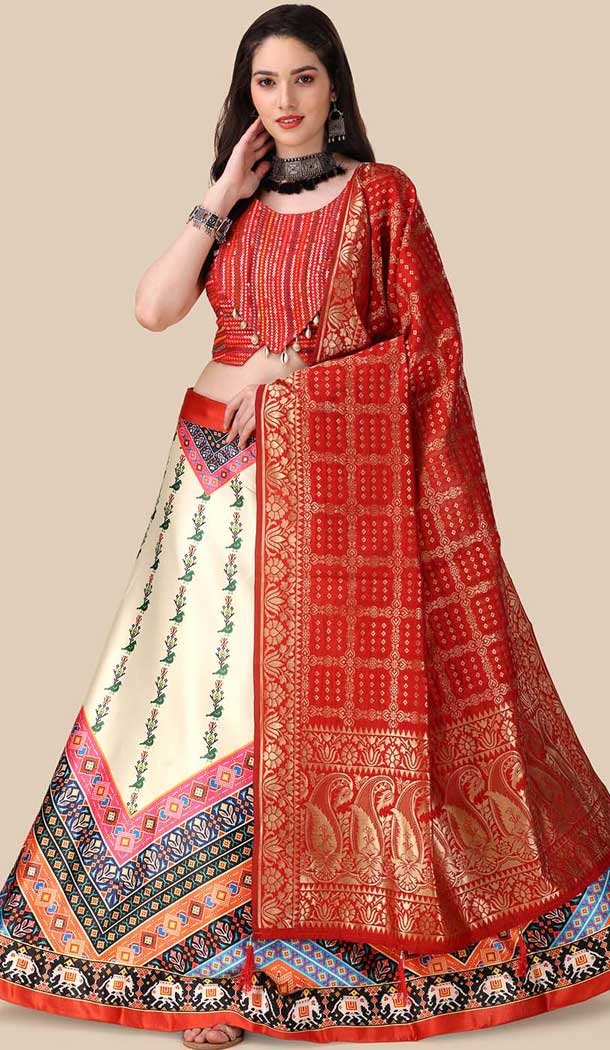 Cream Satin Silk Navratri Lehenga With Sequence Embroidery Work - 151514256