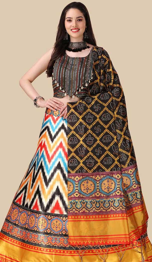 Black Color Satin Silk Navratri Lehenga With Sequence Embroidery Work - 151514257