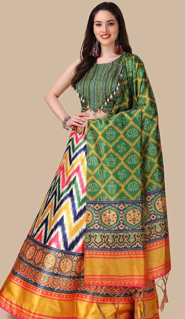 Green Color Navratri Satin Silk Lehenga With Sequence Embroidery Work - 151514258