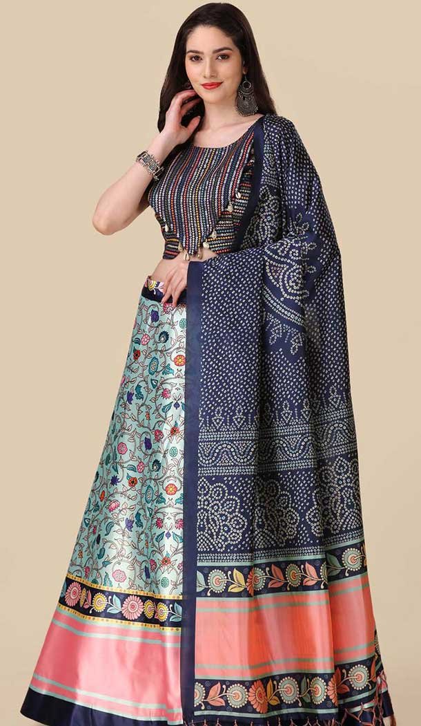 Nevy Blue Color Satin Silk Navratri Lehenga Choli With Sequence Embroidery Work - 151514262
