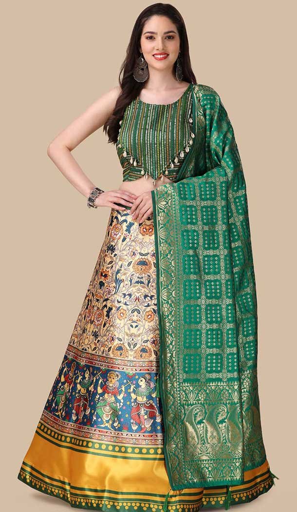 Rama Green Color Satin Silk Navratri Lehenga With Digital Print Work - 151514263