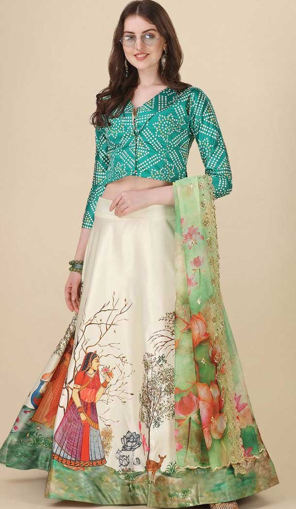 Green Satin Silk Printed Party Wear Navratri Lehenga Choli - 152154720