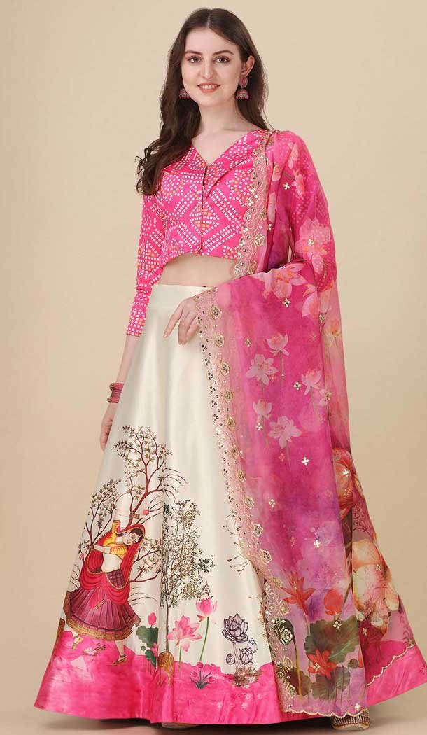 Pink Satin Silk Printed Party Wear Navratri Lehenga Choli - 152154721