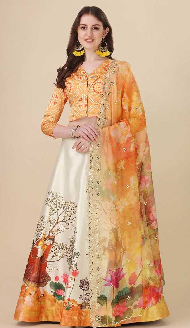 Yellow Satin Silk Printed Party Wear Navratri Lehenga Choli - 152154723