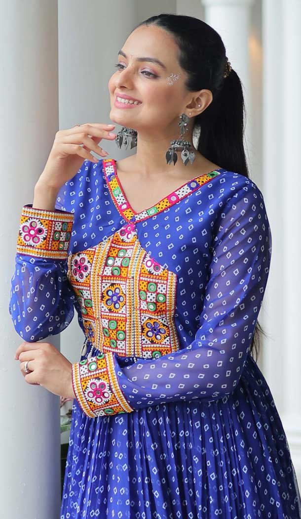Blue Faux Georgette Bandhani Print Work Navratri Special Gown - 12977210390