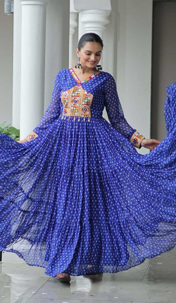 Blue Faux Georgette Bandhani Print Work Navratri Special Gown - 12977210390