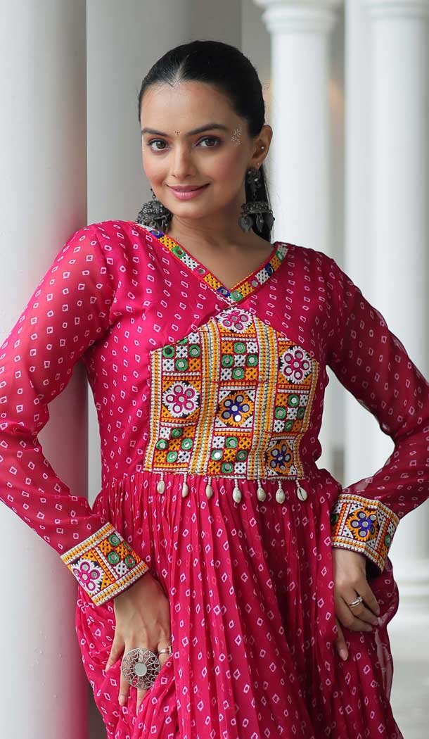 Pink Faux Georgette Bandhani Print Work Navratri Special Gown - 12977210391