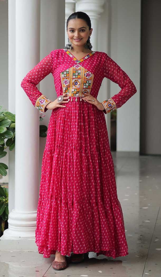 Pink Faux Georgette Bandhani Print Work Navratri Special Gown - 12977210391