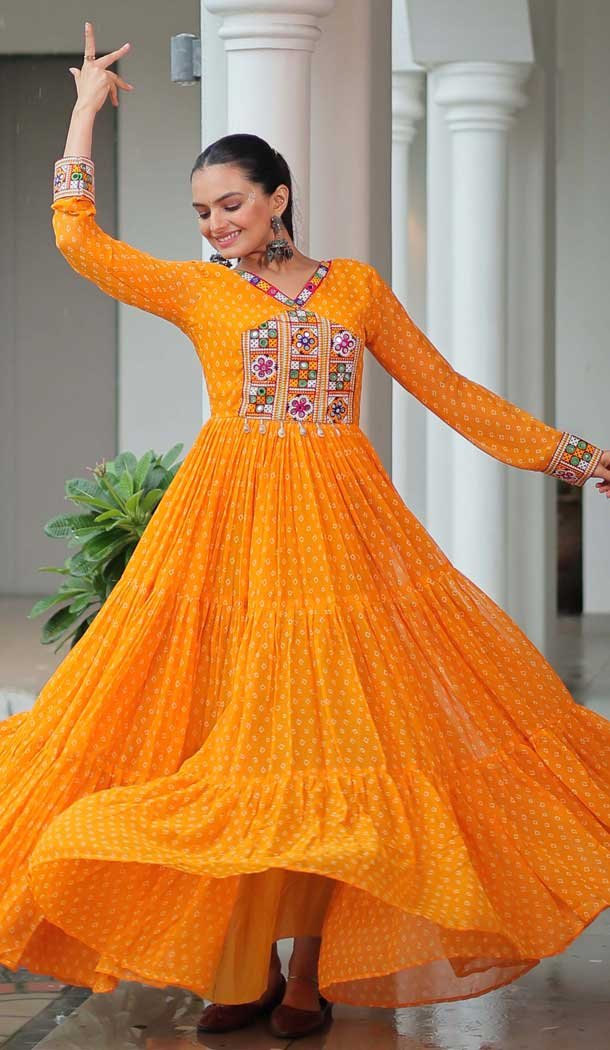 Yellow Faux Georgette Bandhani Print Work Navratri Special Gown - 12977210392