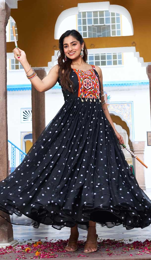 Navratri Special Georgette Gamathi Work Gown In Black - 12992210453