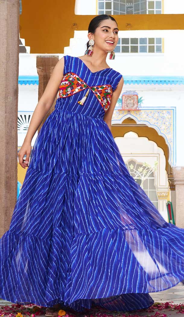 Navratri Special Georgette Gamathi Work Gown In Blue - 12992210454