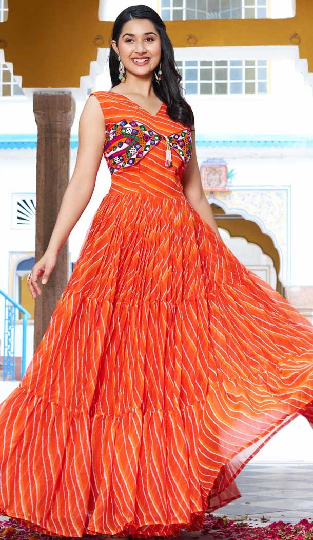 Navratri Special Georgette Gamathi Work Gown In Orange - 12992210455