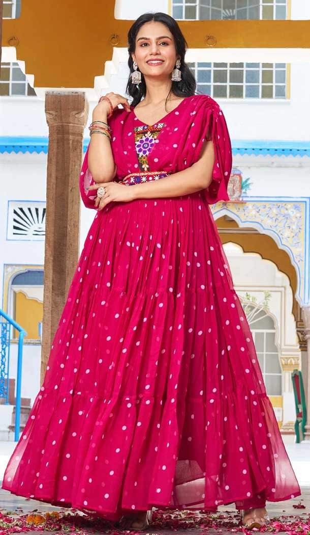 Navratri Special Georgette Gamathi Work Gown In Pink - 12992210456