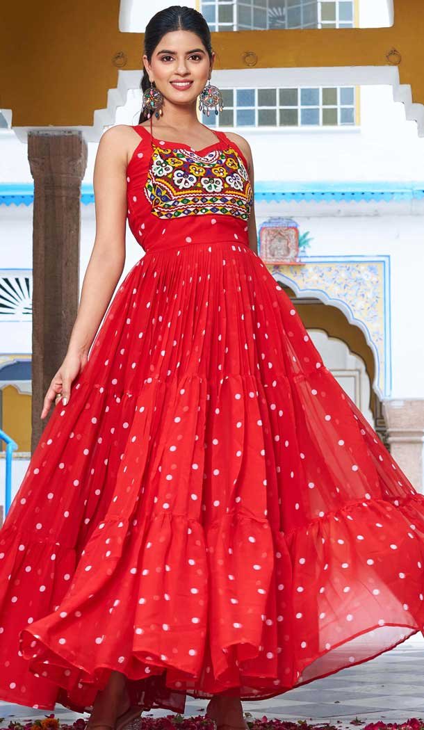 Navratri Special Georgette Gamathi Work Gown In Red - 12992210458