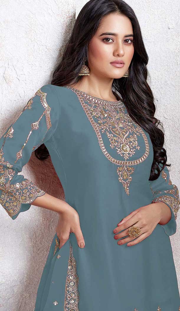Sky Blue Faux Georgette Embroidered Punjabi Patiyala Salwar Suit - 157728336