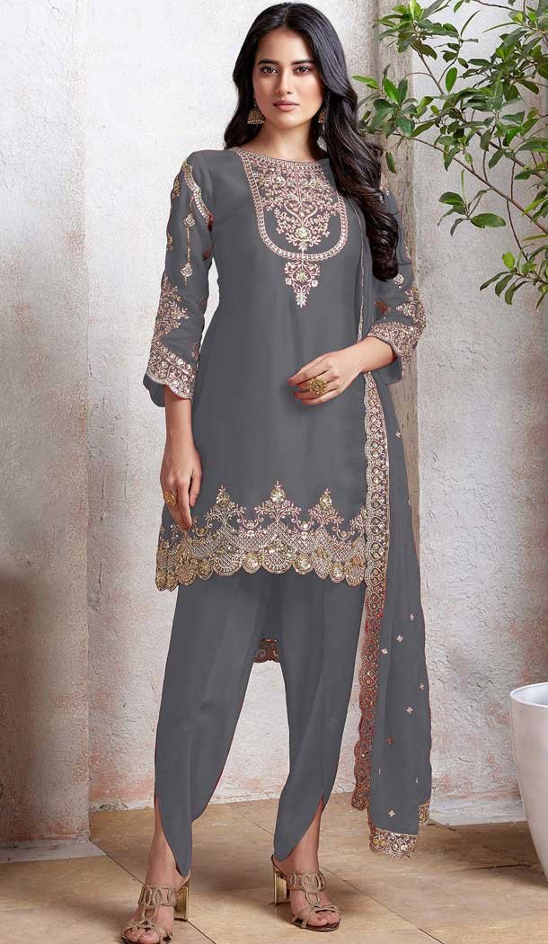 Grey Faux Georgette Embroidered Punjabi Patiyala Salwar Suit - 157728339