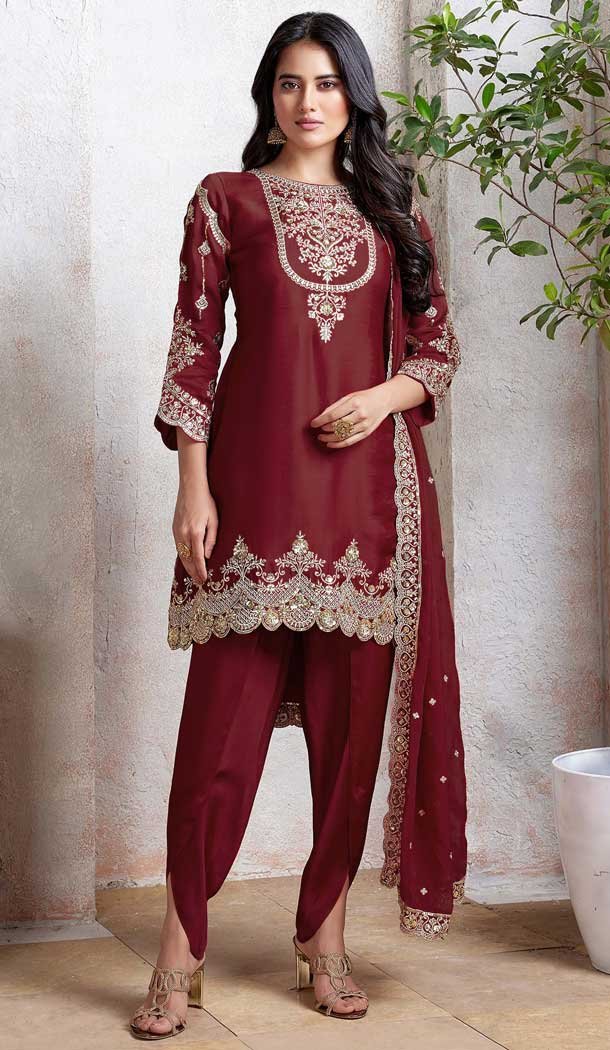 Maroon Faux Georgette Embroidered Punjabi Patiyala Salwar Suit - 157728342