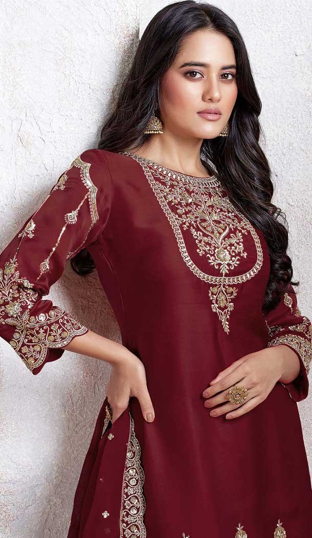 Maroon Faux Georgette Embroidered Punjabi Patiyala Salwar Suit - 157728342