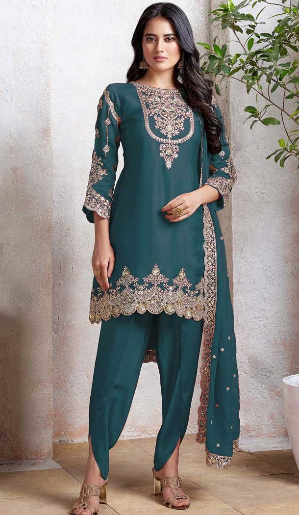 Aqua Blue Faux Georgette Embroidered Punjabi Patiyala Salwar Suit - 157728343