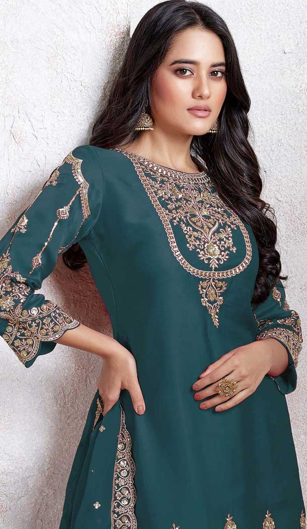 Aqua Blue Faux Georgette Embroidered Punjabi Patiyala Salwar Suit - 157728343
