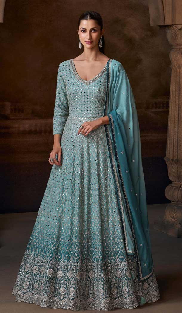 Chinon Embroidery Work Party Wear Anarkali Salwar Kameez In Sky Blue - 157758369