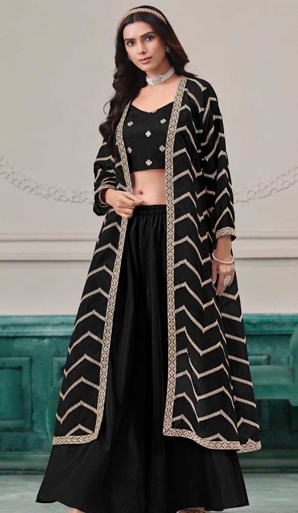Black Chinon Embroidered Party Wear Plazzo Shrug Suit - 158038589