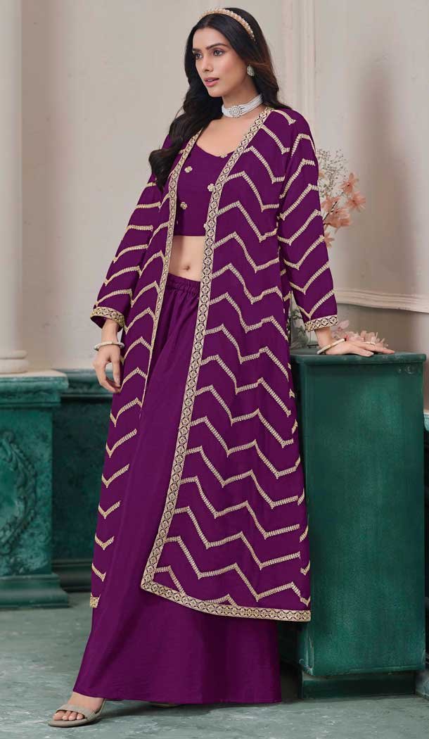 Purple Chinon Embroidered Party Wear Plazzo Shrug Suit - 158038590