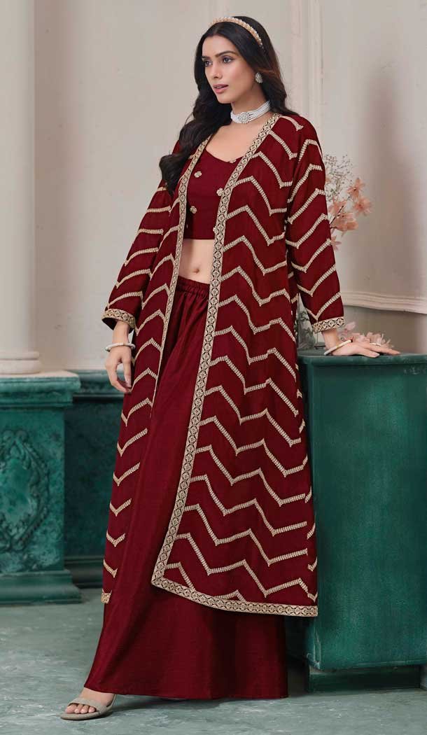 Maroon Chinon Embroidered Party Wear Plazzo Shrug Suit - 158038592