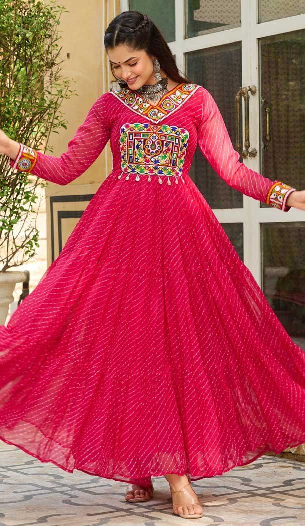 Faux Georgette Laheriya Print Navratri Special Gown In Pink - 13000210483