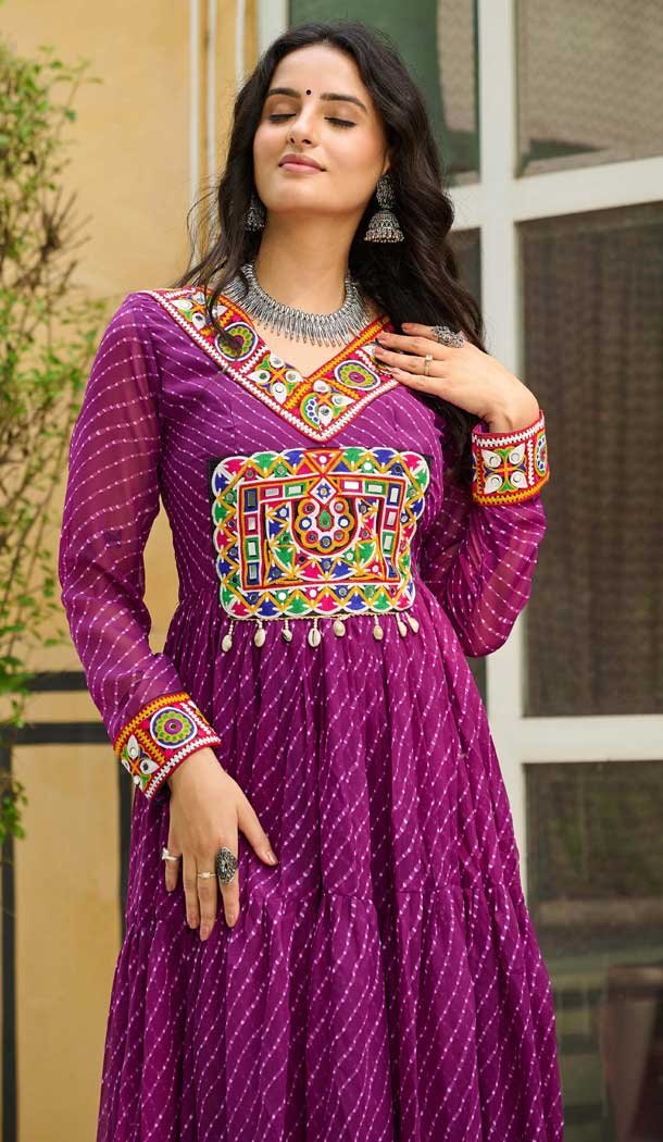 Faux Georgette Laheriya Print Navratri Special Gown In Wine - 13000210484