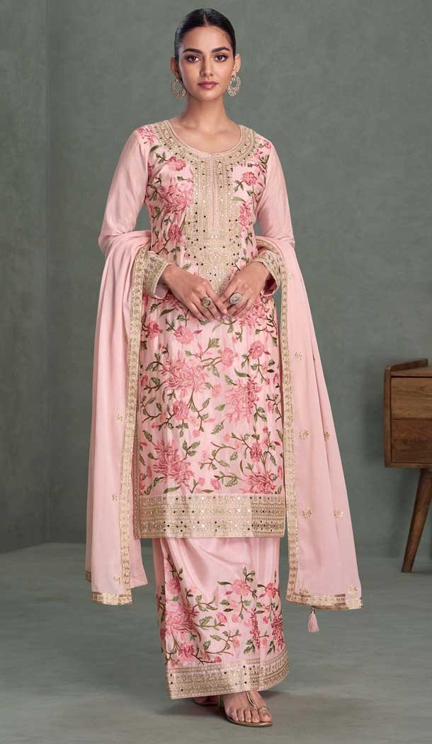Pink Chinon Embroidery Work Party Wear Palazzo Salwar Suit - 158048593