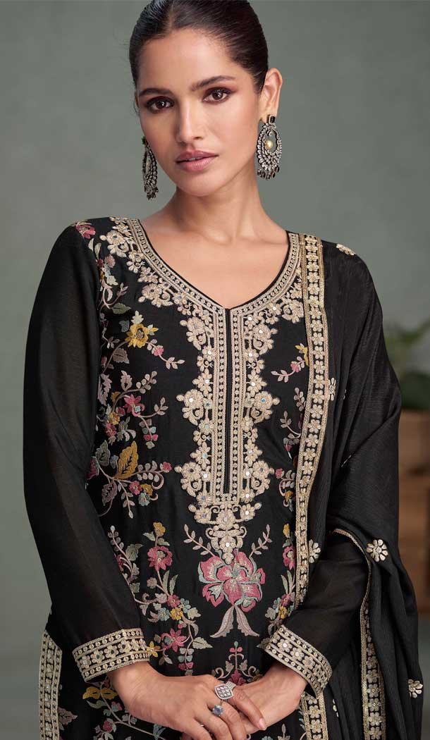 Black Chinon Embroidery Work Party Wear Palazzo Salwar Suit - 158048594